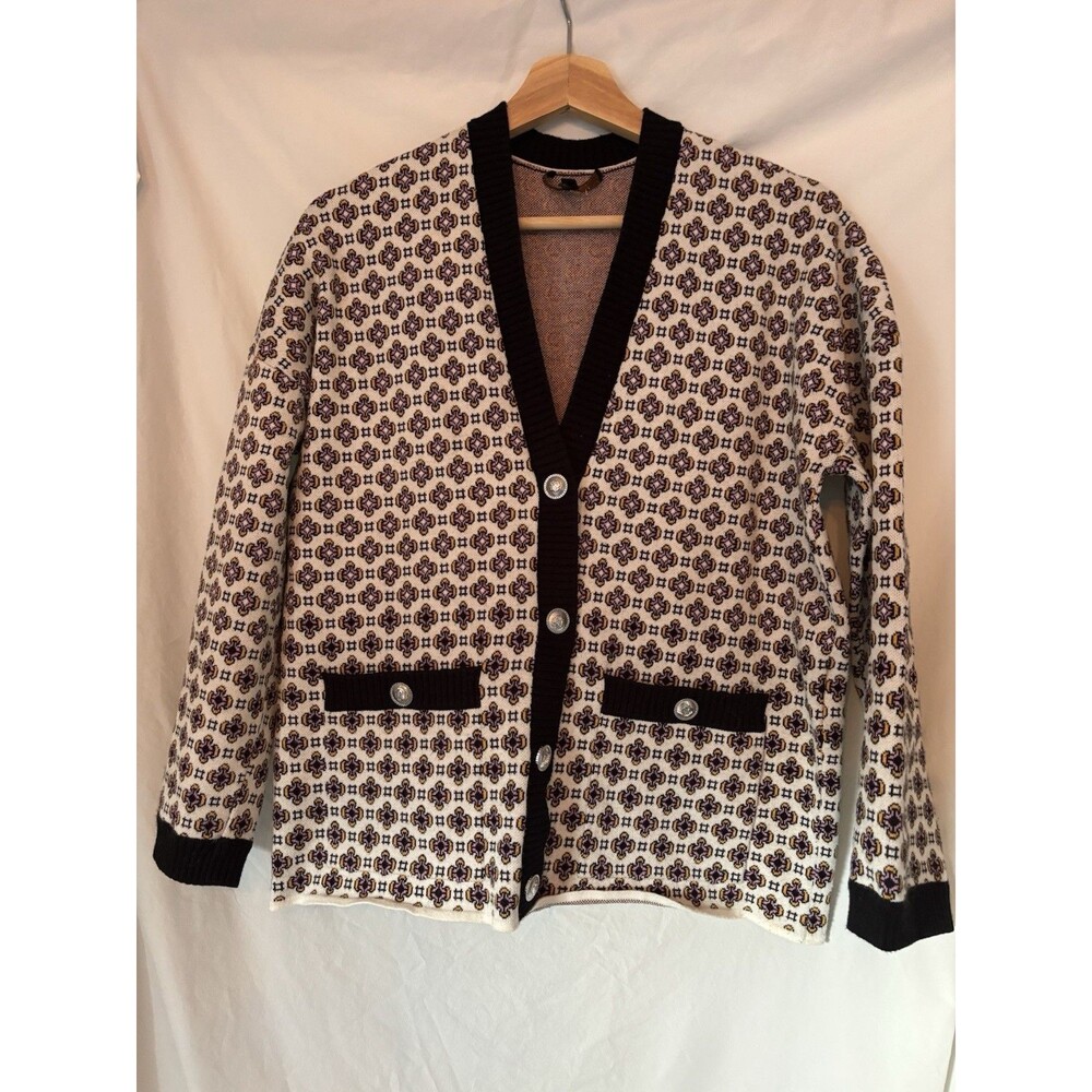 Maje Monasty Graphic Cardigan Sweater Buttons V-neck Pockets Sz 2 Urban Parisian